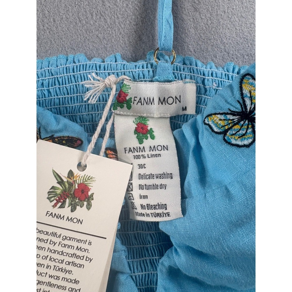 Fanm Mon Blue Linen Butterfly Embroidered Peplum Cami Top NWT Size Medium - Picture 3 of 7